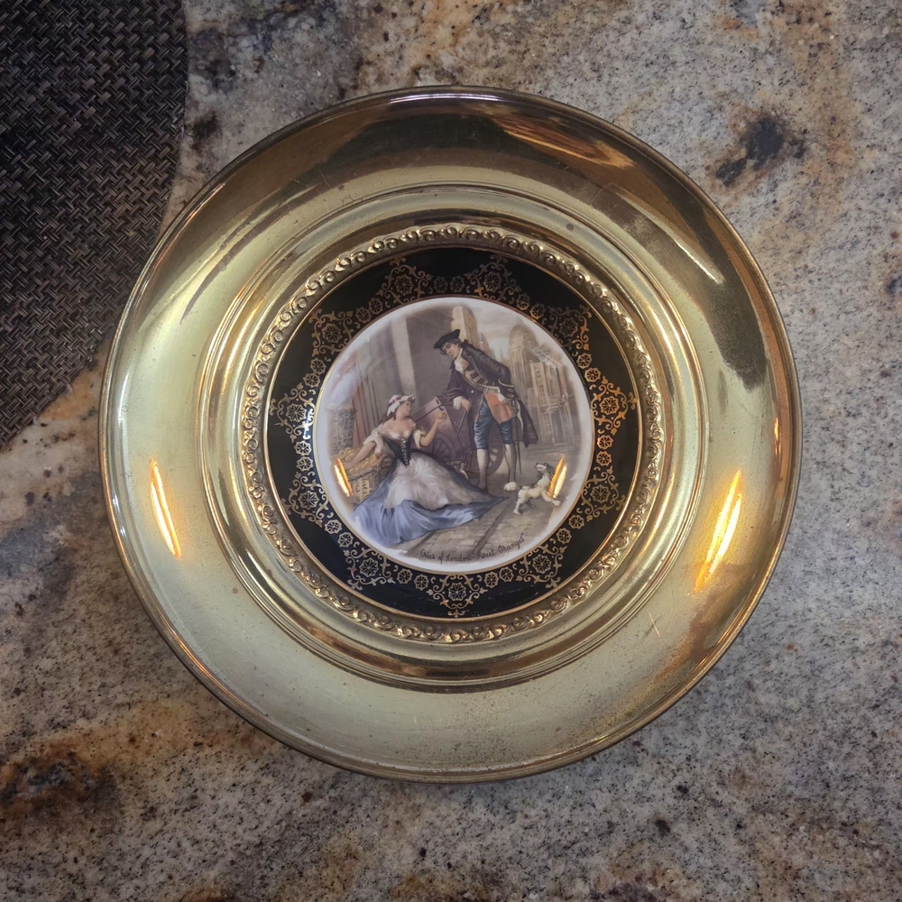 Vintage Decorative Gold Plate with Romantic Scene